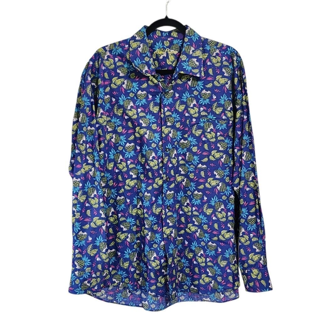 Allan Flusser Shirt XL Button Down Pineapple Print Blue 100% Cotton